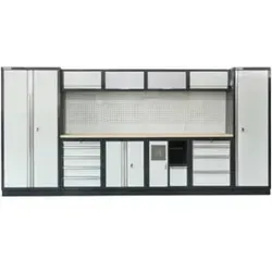 STIER Werkstatteinrichtung Basic, 6-teilig - Werkzeugschränke mit modularer Lochwand und Multiplex-Arbeitsplatte, bietet viel Stauraum und individuelle Werkzeuglagerung für effizientes Arbeiten.