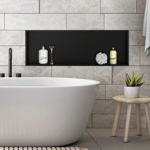 LuxeBath Duschwand Wandnische mit Edelstahlrahmen - Sanitärinstallation, flexible Einbaumöglichkeit und modernes Design in Schwarz für stilvolle Badezimmerlösungen.