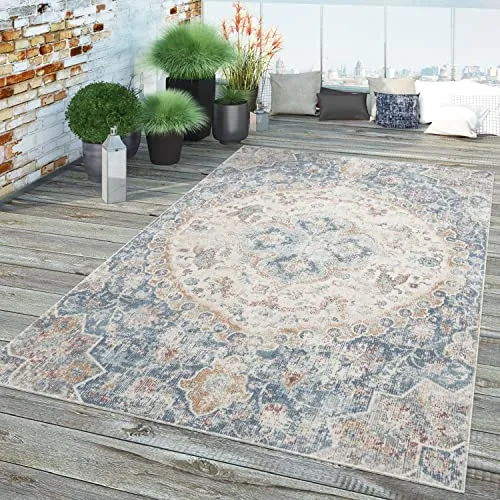 TT Home In-& Outdoor Teppich Küche Wohnzimmer Wetterfest Balkon Vintage Design Abstrakt, Farbe: Blau, Größe:80x150 cm