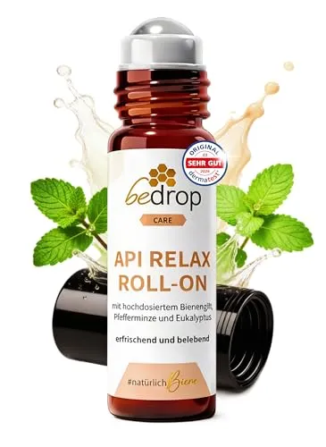 bedrop Api Relax Roll-On – Erfrischender Roll-On mit Bienengift und Kräutern - Erfrischender Roll-On für die Hautpflege mit hochwertigem Bienengift, Eukalyptus und Pfefferminze. Ideal für unterwegs und zur Unterstützung der Entspannung von Schläfen und Muskeln. Hergestellt in Deutschland unter strengen Qualitätsstandards.