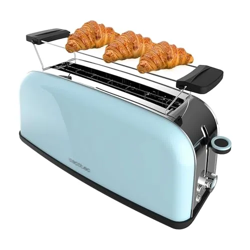 Cecotec Vertikaler Toaster Toastin' time 850 Blue - Leistungsstarker 850-W-Toaster mit 3,8 cm breitem Schlitz für dicke Brote, Edelstahl-Oberfläche, Brötchenaufsatz und einfache Reinigung durch Krümelschublade.