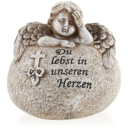 com-four® Grab-Dekoration in Herz-Form mit Engel - Gedenkstein mit Inschrift, Kreuz und Rosen - wetterfester Grabschmuck - Trauerstein mit Gedenkspruch (1 Stück - Engel Du lebst in unseren Herzen)