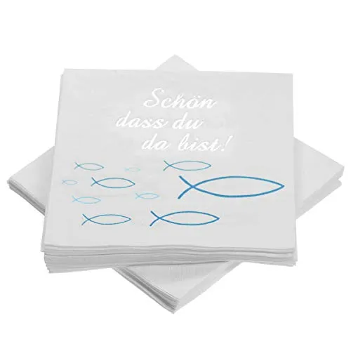 Servietten Fisch Blau Türkis, für Junge Konfirmation Kommunion Taufe Tischdeko, Servietten Taufdeko Tisch Deko - 33x33 cm, 32 Stück