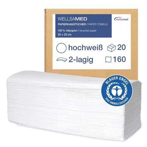 Wellsamed GmbH wellsamed Papierhandtücher, 3.200 Blatt, 2-lagig ZZ-Falz 25 x 23 cm: weiß