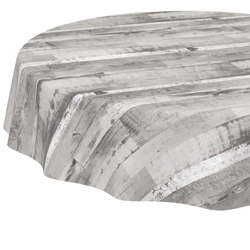 ANRO Tischdecke rund ohne Einfassung – Holzoptik Grau Weiß – abwaschbares PVC-Wachstuch – stilvoll & alltagstauglich 140 cm (Rund)