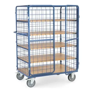 Fetra Etagenwagen Kastenwagen 8583-3DE - 5 Etagen, 1200 x 800 mm, Tragkraft 600 kg, mit geschlossenem Drahtgitter und abschließbaren Doppelflügeltüren – ideal für Lager und Werkstatt.