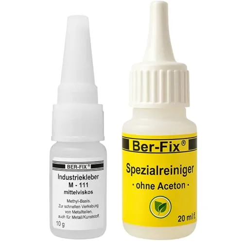 Ber-Fix M111 10g Industriekleber Set Hochleistungs-Sekundenkleber mit Spezialreiniger, Ideal für Präzisionskleben bei Gummi und Metall