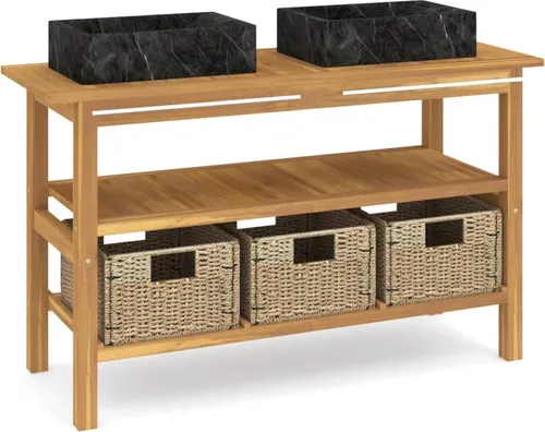 vidaXL Waschtisch mit Marmorbecken aus Teakholz - Eleganter Waschtisch mit zwei Waschbecken, gefertigt aus robustem Teakholz. Die drei Körbe sorgen für Ordnung im Bad, während das pflegeleichte Marmorbecken eine stilvolle Note hinzufügt. Ideal für jedes Badezimmer!