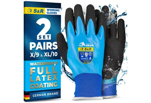 Produktbild S&R Arbeitshandschuhe Profi-Arbeitshandschuhe, vollständig Latex-beschichtet, wasserdicht (Set, 4-St., 2 Paar L / 9) Wasserdichte Schutzhandschuhe für Außenarbeiten, Industrie etc.
