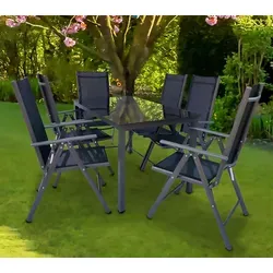 VCM 7 tlg. Gartenmöbel Set - Essgruppe mit Tisch und 6 Stühlen - Gartenmöbel-Sets mit stilvollem Design: Tisch aus ESG-Sicherheitsglas und platzsparend klappbare Stühle in elegantem Anthrazit.
