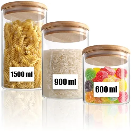 com-four® 3-teiliges Vorratsdosen-Set mit Bambus-Deckel - Luftdichte Aufbewahrung für Lebensmittel aus Borosilikatglas - 0,6L / 0,9L / 1,2L