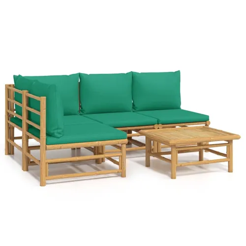 vidaXL Gartenlounge-Set 5-tlg. mit grünen Kissen aus Bambus - Gartenmöbel-Set aus robustem Bambus, ideal für entspannte Stunden im Freien. Inklusive bequem gepolsterter Kissen und praktischem Tisch – perfekt für jedes Outdoor-Arrangement!