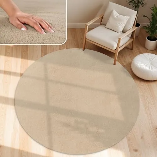 Paco Home Moderner Kuscheliger Wohnzimmer Teppich Kurzflor waschbar flauschig Weich Einfarbig Felloptik zeitlos stilvoll rutschfest pflegeleicht, Grösse:200 cm Rund, Farbe:Beige 2