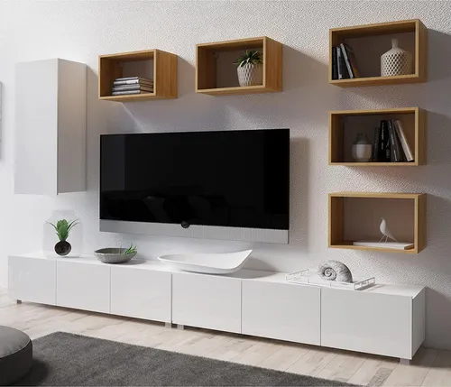 Lomadox Wohnwand CAIRNS-132 – Modernes Design in Weiß Hochglanz - Stilvolle Wohnwand CAIRNS-132 mit 8 Teilen, grifflos und in melaminharzbeschichtetem Weiß und Eiche. Ideal für Ihr Wohnzimmer, bietet viel Stauraum und setzt moderne Akzente.
