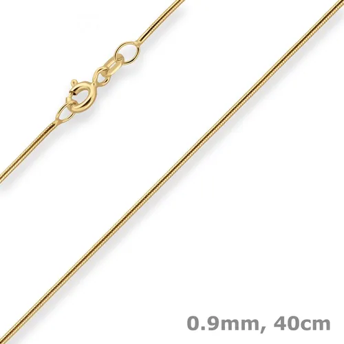 Schmuck Krone Goldkette 0,9mm Schlangenkette aus 375 Gelbgold 40cm - Elegante 0,9mm Schlangenkette aus 375 Gelbgold mit 40cm Länge, ideal für besondere Anlässe. Massiv verarbeitet und glänzend, in einem stilvollen Schmucketui geliefert.