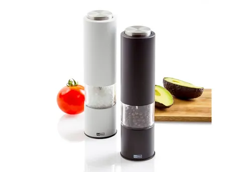 AdHoc EP22-EP23 elektrische Salzmühle & Pfeffermühle - Salz- & Pfeffermühlen Set mit Keramik-Mahlwerk, stufenlos verstellbar und inklusive Meersalz & schwarzem Pfeffer – perfekte Geschenkidee für Genussliebhaber!