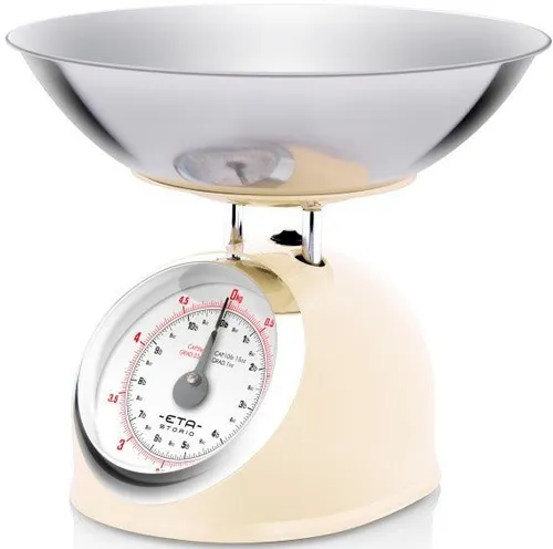 eta Küchenwaage STORIO beige 577790040 - Retro Küchenwaage mit analoger Anzeige und Edelstahl-Schüssel, bis 5 kg belastbar – ideal für stilvolles Wiegen in der Küche.