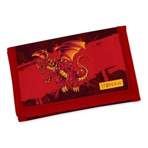 itenga Kinder Geldbörse - Geldbeutel und Brustbeutel - mit Klettverschluss, Kordelband, Geldscheinfach und Münzfach Sichtfenster für Mädchen und Jungen (Motiv Drache)