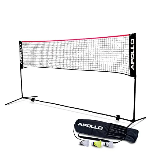 Apollo Badmintonnetz - Höhenverstellbar für Badminton und Volleyball - Sportnetz für Schlag- und Ballspiele, höhenverstellbar von 92 cm bis 155 cm, inkl. 3 Federbällen und Transporttasche für einfachen Transport.