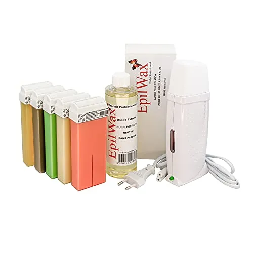 EpilWax Royal Epilationsset Komplett mit: Professionellem Wachswärmer 5 Roll-On Wachs 100 ml panaschiert, 100 Epilierstreifen, 1 Flasche mit 250 ml Öl nach der Epilation