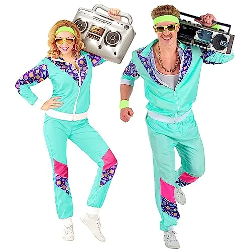 Carnival Party 80er Jahre Trainingsanzug Kostüm - Faschingskostüme im 80er Jahre Stil, ideal für Karneval und Kostümpartys. Das 2tlg. Kostüm in Türkis bietet hohen Tragekomfort und ein auffälliges Colour-Blocking Design.