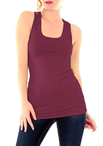Easy Young Fashion - Damen Basic Tanktop - Fitness Top - Ringerrücken Sport - Shirt Skinny Fit Trägertop Unterhemd 8002 - Dunkle Beere