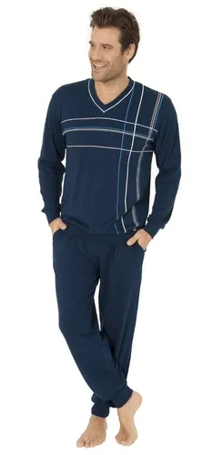 Eleganter Herren Pyjama Schlafanzug lang mit V-Hals - Marine, Größe 48 - Klassischer Herren Pyjama aus 100% Baumwolle in stilvollem Marine. Mit Bündchen für optimalen Sitz und Komfort, ideal für erholsame Nächte. Trocknergeeignet und pflegeleicht für den täglichen Gebrauch.