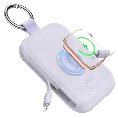 RORRY CharmGo Powerbank 5000mAh, Power Bank mit Integriertem USB C Kabel | Reise Schlüsselanhänger,Tragbarer Externe Handyakkus für iPhone 17/16/15/14/13/12, Apple Watch Ultra/11/10/9/8/7/6/SE,Lila