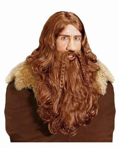 Horror-Shop Dunkelblonde Wikinger Perücke mit Zöpfen & Bart - Ausdrucksstarke Wikinger Perücke für beeindruckende Auftritte. Ideal für Cosplay und LARP, mit buschigem Bart im Goateystyle. Verkleide dich schnell und einfach als nordischer Kämpfer!