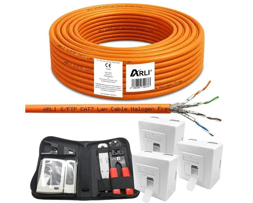 ARLI CAT 7 Verlegekabel 50m mit Netzwerkdosen und Werkzeugset - Hochwertiges CAT7 Verlegekabel mit 3 Netzwerkdosen und praktischem 4-in-1 Werkzeugset. Ideal für schnelle und zuverlässige Netzwerkinstallationen.