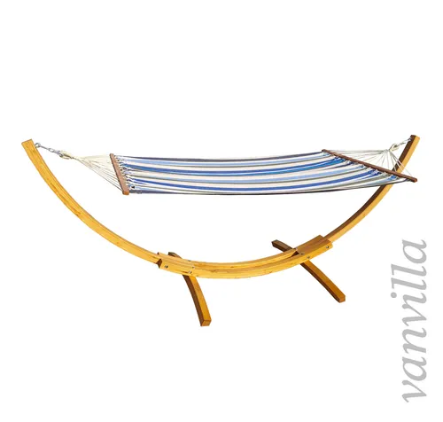 Hängematte mit Gestell 320x120cm LaGarde Matte blau gestreift Holz Naturfarben