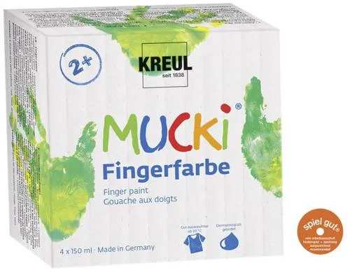 Kreul Fingerfarbe Mucki 2314, 4 Farben je 150ml - Schreibutensilien: Auswaschbare Fingerfarbe in 4 leuchtenden Farben, ideal für kreative Projekte mit Kindern. Dermatologisch getestet und vegan, perfekt für Papier, Holz und mehr.