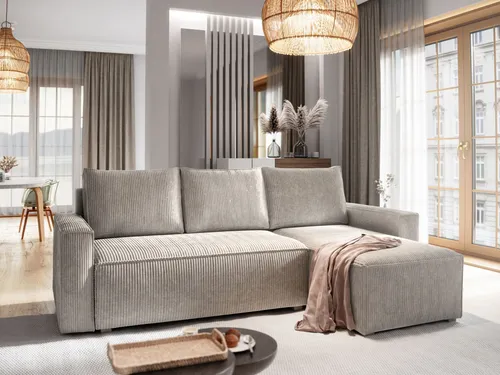 Masseno Ecksofa POTARO mit Schlaffunktion - Creme - Sofa mit Bettkasten und eleganter L-Form, ideal für vielseitige Nutzung im Wohnzimmer. Bietet hohen Komfort und praktischen Stauraum für Bettzeug.