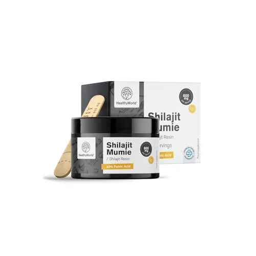 HealthyWorld Shilajit Mumie 600 mg – Ayurvedisches Harz – 50% Fulvinsäure – 50 Portionen – Ohne Zusatzstoffe – Mit Dosierstab – Unterstützung für Vitalität – Energieboost