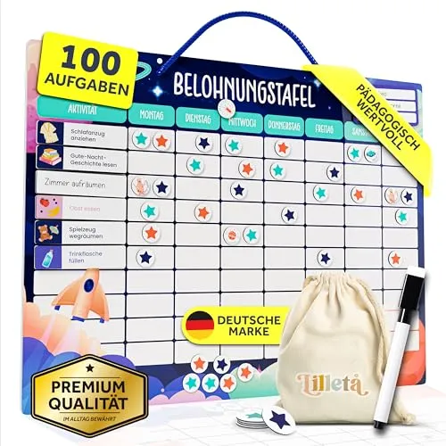Lilleta® Belohnungstafel für Kinder – 95 Aufgaben & 350 Magnete