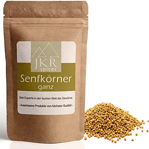 JKR Spices Senfkörner ganz - gelbe Senfsamen ganz - Senf Saat | aromatisches Gewürz Ideal zum Kochen | für herzhafte Gerichte, Soßen, Salate | 100% natürlich ohne Zusätze - 500g