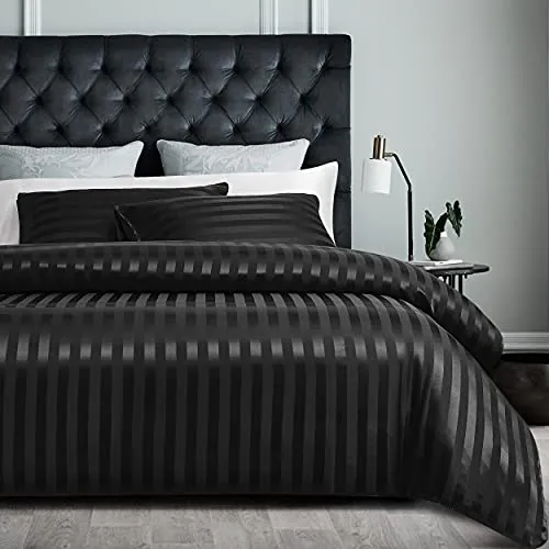 Damier Bettwäsche 135x200cm Schwarz Satin gestreift Bettbezug Set Seidig glänzend hochwertiges Glanzsatin Bettbezug mit verdecktem Reißverschluss und Kissenbezug 80 × 80 cm