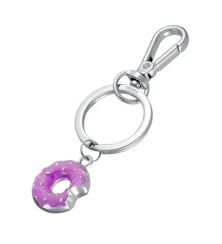 TROIKA Schlüsselanhänger Donut kleiner TINY DOUGHNUT Taschenanhänger mit Karabiner und kleinem Donut aus Emaille, Metallguss, verchromt und lila, silberfarben als Geschenk für Donutliebhaber