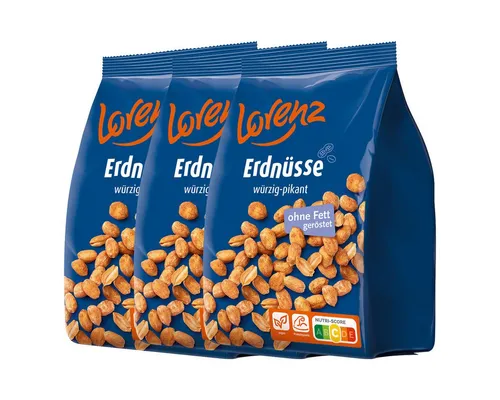 LORENZ Erdnüsse würzig-pikant 3er Pack Stehbeutel 1000g - Genieße die Lorenz Erdnüsse würzig-pikant im praktischen 3er Pack à 1000g. Heißluftgeröstet, fettfrei und voller Geschmack – ideal für gesellige Abende oder als Snack für zwischendurch.