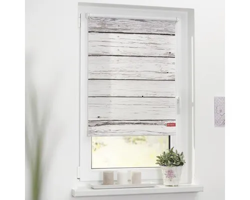 Rollo Klemmfix Bretter-Vintage Weiß 120 x 150 – Ohne Bohren - Rollos, blickdicht und lichtdurchlässig, bieten unkomplizierten Sicht- und Sonnenschutz. Der Shabby-Chic Vintage-Look passt perfekt zu modernen Einrichtungen und lässt sich ohne Bohren montieren.