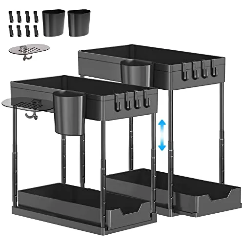 Eufrozy 2 Pack Unter Waschbecken Regal, 2 Etagen Spülschrank Organizer Höhenverstellbar mit 8 Haken 2 Tasse 1 Seifenkiste, Under Sink Organizer mit Schiebeschublade Ideal für Küche und Badezimmer