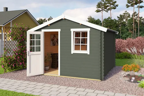 Gartenhaus Blockhaus Satteldach 28 mm Wels 3 grün 320x320 cm - Gartenhaus aus robustem Blockbohlen mit Satteldach, abschließbar und inklusive Holzfußboden. Ideal für Gartenliebhaber, die zusätzlichen Stauraum oder einen Rückzugsort suchen.