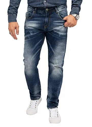 Indumentum Jeans Herren Regular Fit Hose Männer Jeans Hosen Herrenjeans Denim Herrenhose Mens Pant Herrenhose Used-Look Dunkelblau IR-503 W38 L34