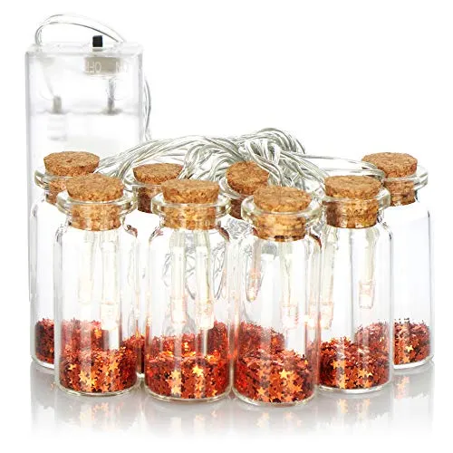 com-four® LED Lichterkette mit 8 Deko-Fläschchen aus Glas mit Korkverschluss - dekorative batteriebetriebene Lichterketten für innen - bunte Sterne (bronzefarben)