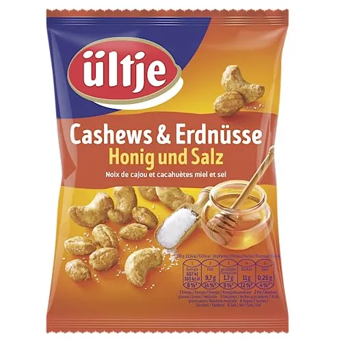 ültje Cashews & Erdnüsse, Honig und Salz (1 x 200 g) - Erdnüsse und Cashews in süß-salzigem Honig-Mix, perfekt für Partys oder zum Teilen. Vegetarisch und reich an Magnesium!