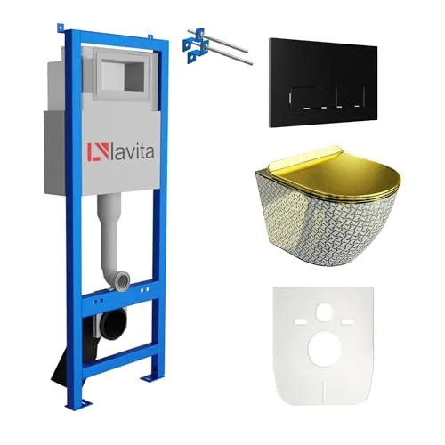 Lavita LAV 101 Vorwandelement für WC 40cm + Wand Hänge Tiefspül WC SOFI SLIM GOLDEN NEVER DIE Spülrandlos + Bedienplatte LAV 200.3.4 Schwarz | Komplettset | Unterputz Spülkasten | Komplett Sett
