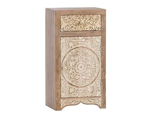 Woodkings Bad Unterschrank Delhi - Rustikale Badkommode aus Mangoholz - Unterschrank fürs Bad aus massivem Mangoholz, matt lackiert. Praktischer Stauraum für Badutensilien mit einzigartigen Schnitzereien. Maße: 43x80x30cm, ideal für jedes Badezimmer.