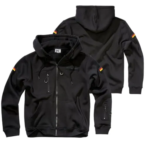 BWuM Tactical Kapuzenjacke mit Flaggen & Klett, Größe:S, Schwarz - Taktische Kapuzenjacke mit stabilen Reißverschlüssen. Ideal für den Alltag, ausgestattet mit praktischen Taschen und Klettflächen für individuelle Anpassungen.