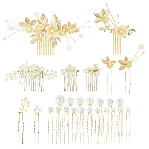 Cinaci 27 Stück glitzernde goldfarbene Strass-Perlen Blatt Blume Braut Metall Seitenkämme + U-förmige Haarnadeln Clips Haarspangen Kopfschmuck Hochzeit Haarschmuck für Frauen Braut Brautjungfern