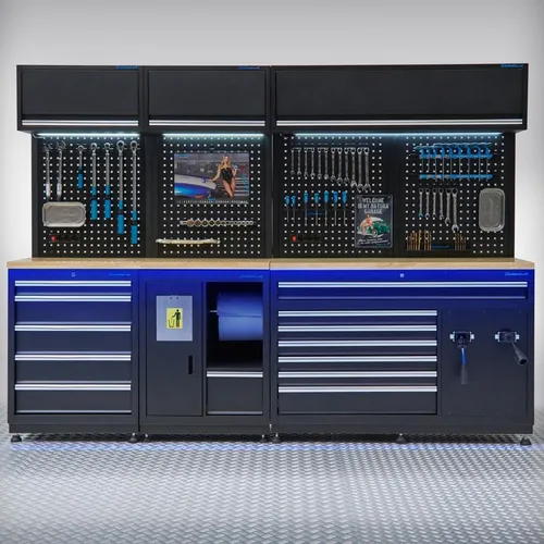 Werkstatteinrichtung PREMIUM mit Arbeitsplatte aus Eichenholz – 272 cm lang